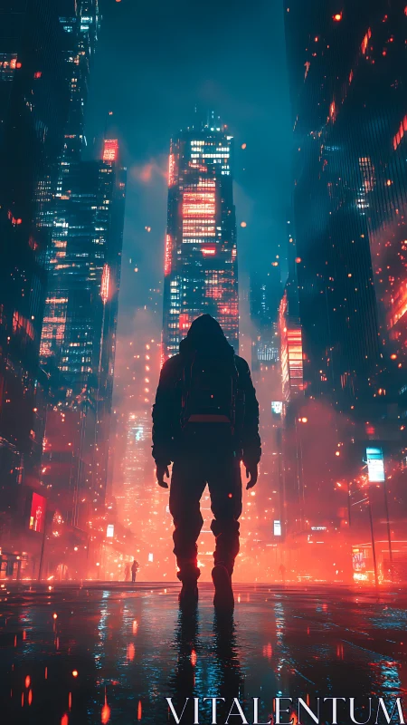 Wanderer in glowing neon streets of a misty future city.