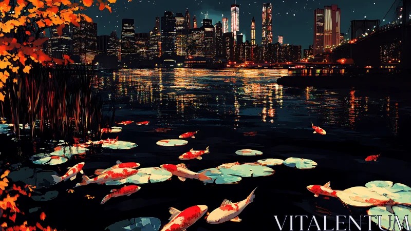 Digital painting of koi pond foreground against luminous city skyline.