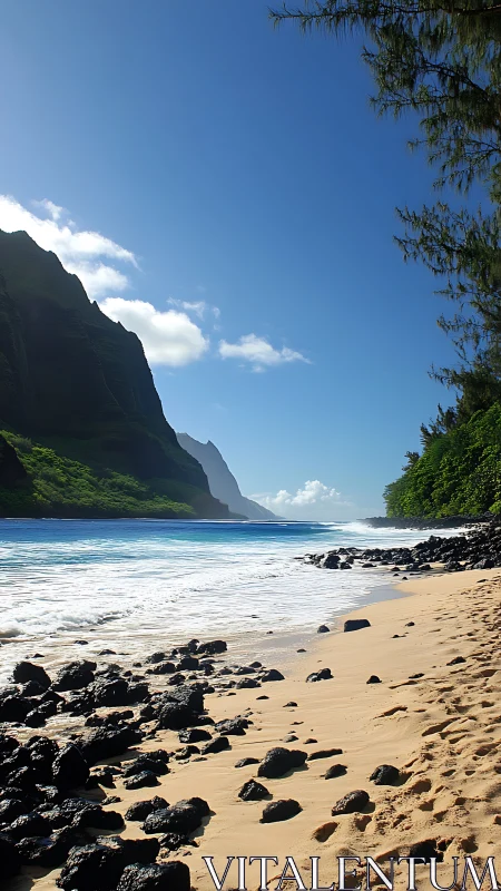Dramatic Coastline: Towering Cliffs Frame Pristine Hawaiian Beach.