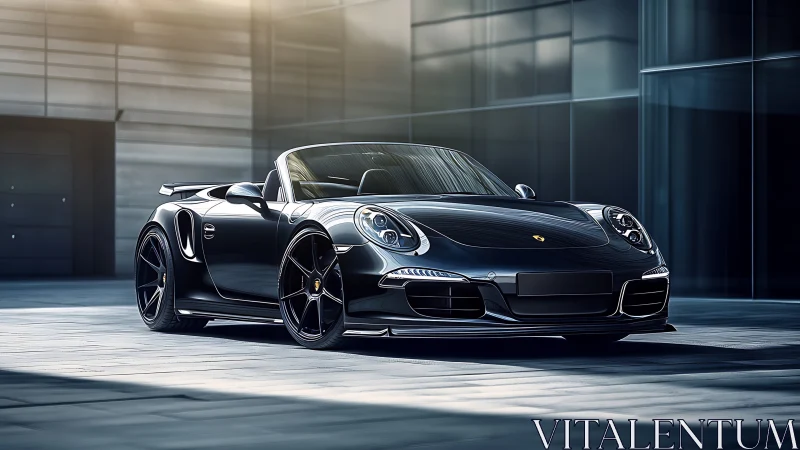 Sleek black sports car basking in soft modern city light.