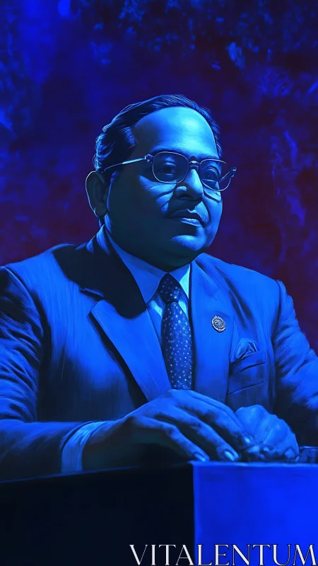 Dignified gentleman in blue light sits with calm focus