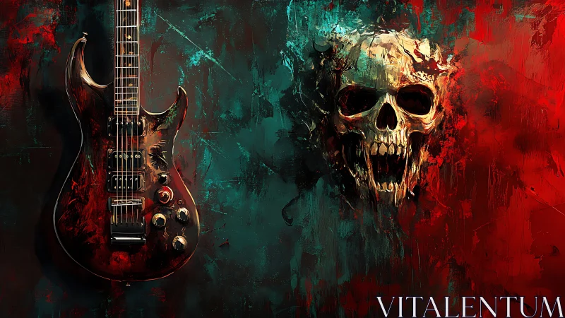 Electric guitar and flaming skull on grunge split canvas.