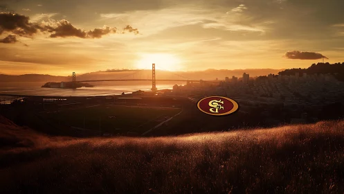Golden sunset over city stadium and calm bay bridge glow.