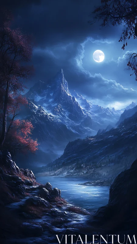 Nocturnal mountain lake under full moon with snowy peaks.