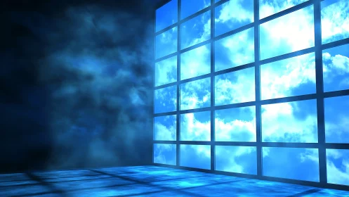 Soft blue clouds pour gentle light through a vast window wall