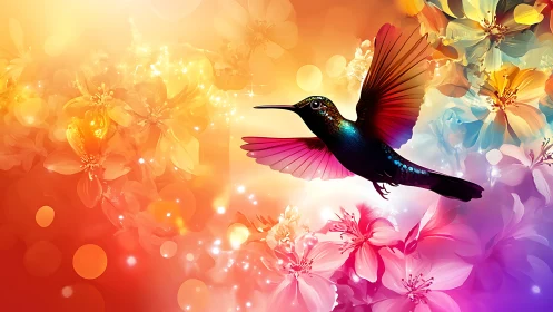 Radiant hummingbird in glowing floral color spectrum.