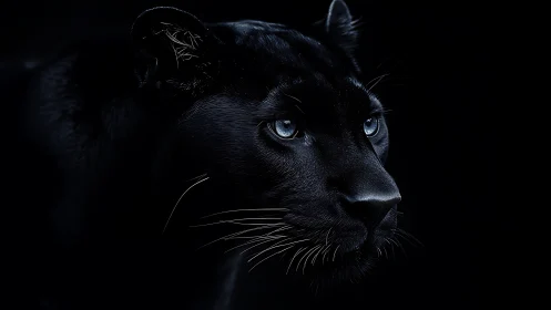 Striking black panther gazes into the darkness with piercing blue eyes.