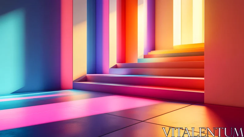 Vibrant Abstract Staircase with Colorful Light and Shadows.