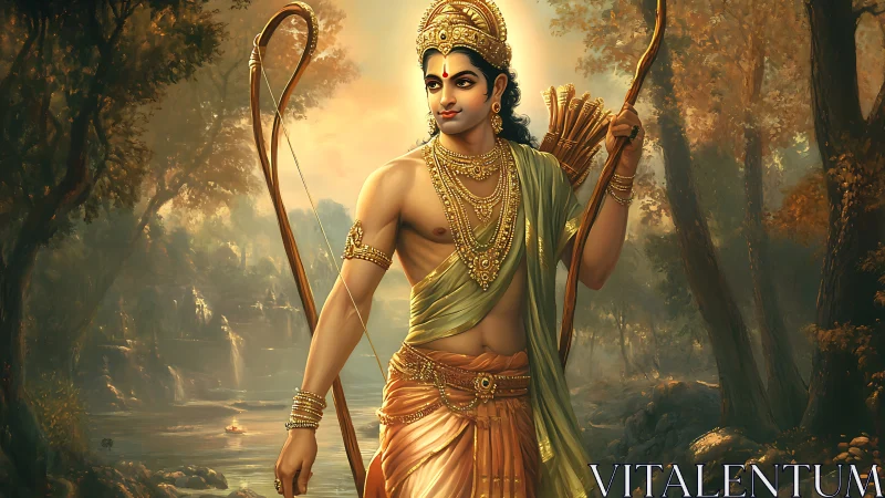 Divine archer prince strides through luminous forest glade.