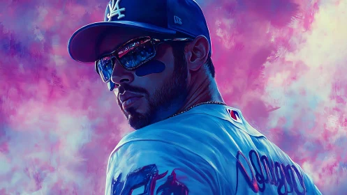 Dynamic baseball portrait in neon magenta and cyan lighting.