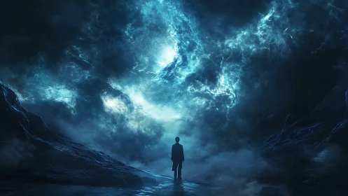 Stormlit traveler pauses beneath a glowing cosmic sky