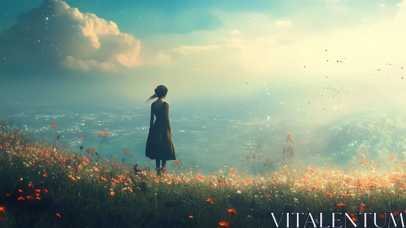 Solitary figure on flowered hillside overlooking hazy valley.