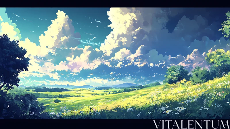 Expansive anime meadow under towering cumulus cloudscape