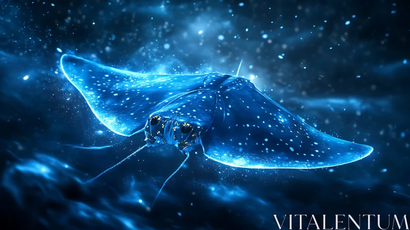 Bioluminescent manta ray glides through ethereal nebula waters.