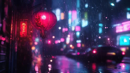 Neon lantern glows over rain soaked cyberpunk city street.