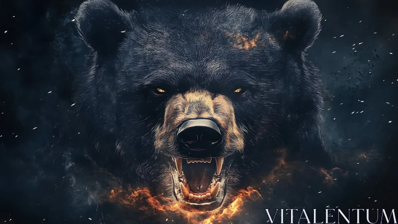 Feral bear portrait with fiery muzzle and dark smoke backdrop.