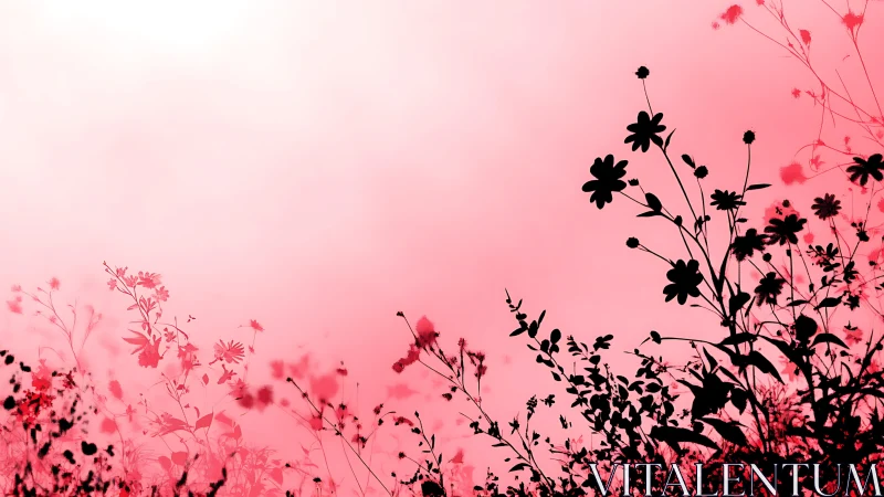 Silhouetted Flora Against Gradient Pink Atmospheric Backdrop.