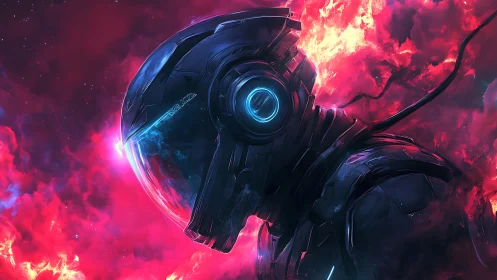 Lone futuristic astronaut against vivid cosmic nebula.