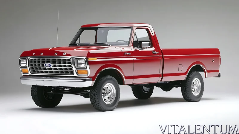 Vintage red Ford pickup truck on seamless studio background.