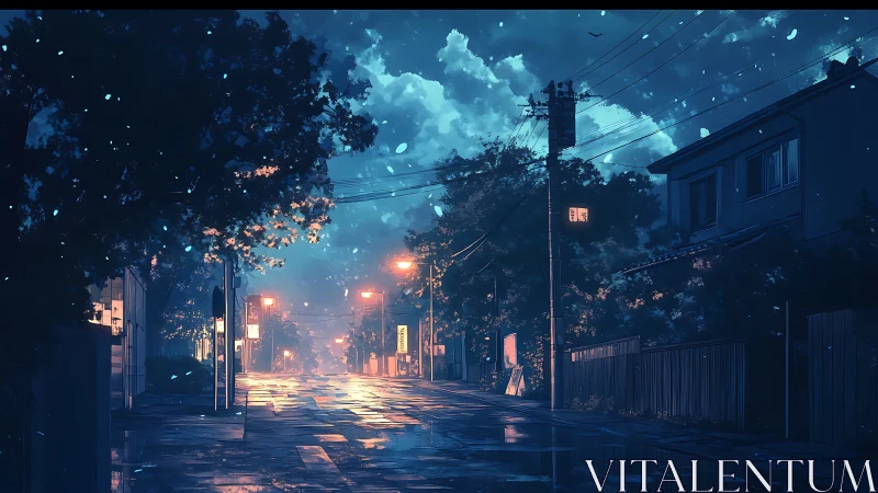 Quiet residential street at night under wet reflective pavement.