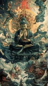 Celestial Buddha over mythic pagoda realm in ornate digital painting