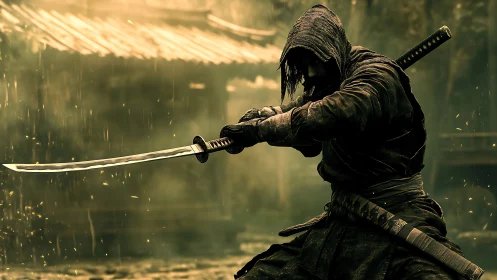 Hooded samurai readies a glowing blade in quiet rain.