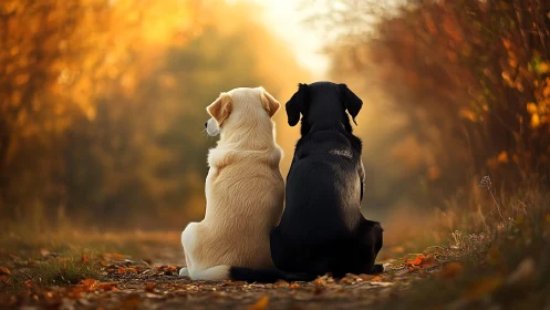 Two dogs sit in golden autumn light, sharing quiet warmth