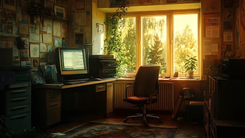 Golden afternoon light warms a quiet, creative home office