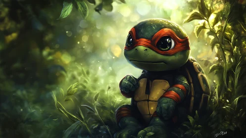 Gentle baby turtle hero resting in a glowing forest nook.