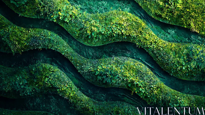 Layered green terraces over abstract flowing water surface.