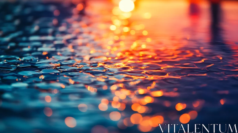 Sunset light reflections on rippled water surface.