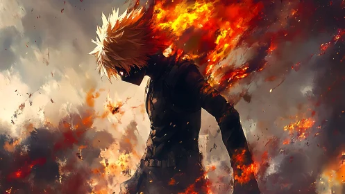 Blazing warrior strides through swirling fire and rising smoke