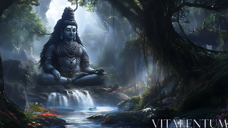 Large seated deity statue in misty forest river landscape.