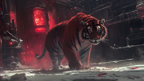 Cyberpunk tiger stride in neon industrial snowscape concept art.
