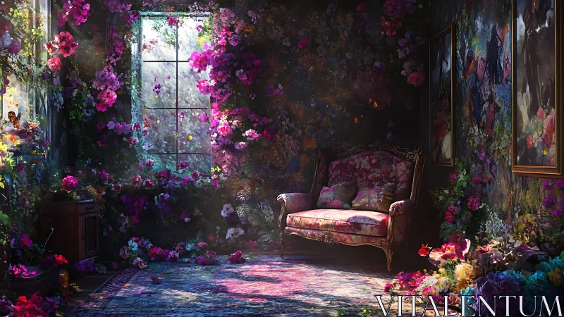 Vintage Room Overflowing with Magenta and Pink Flowering Vines.