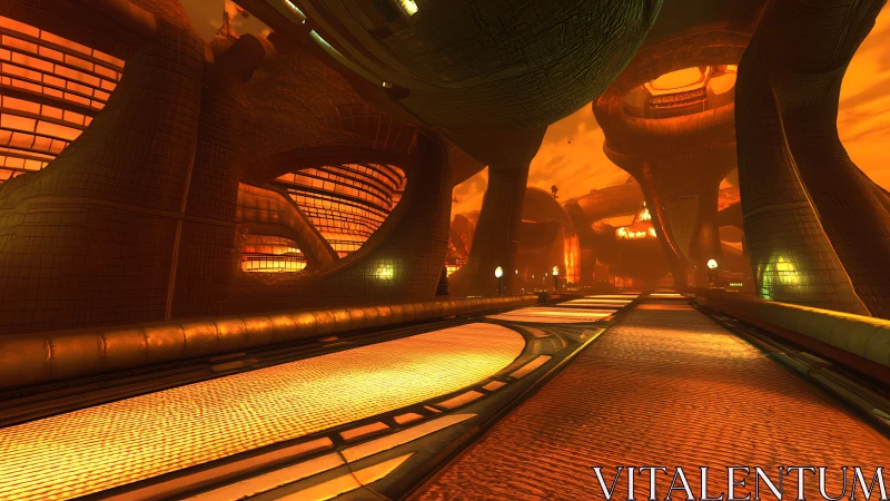Futuristic curved corridor with orange illuminated structures.