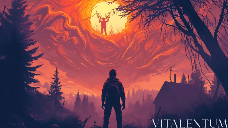 Wanderer Confronts Antlered Sun Spirit Above Burning Sky.