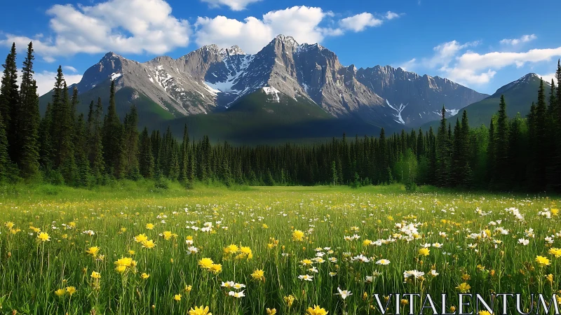 Alpine meadow exhibits dense wildflowers against stratified peaks