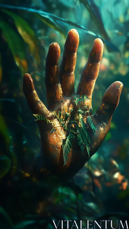 Human hand rises from dense forest floor with fresh foliage