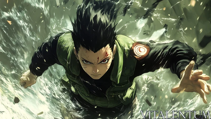 Intense anime warrior charges forward through water storm.