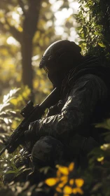 Silent soldier rests in sunlit forest shadows with patience