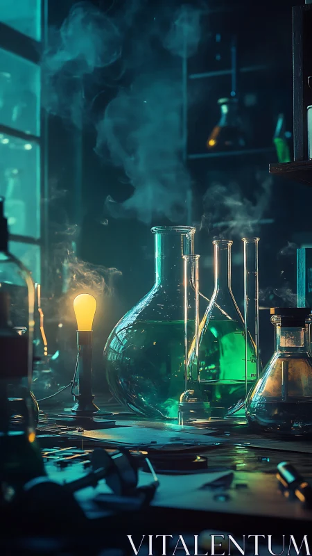 Laboratory glassware with green chemical solutions and vapor.