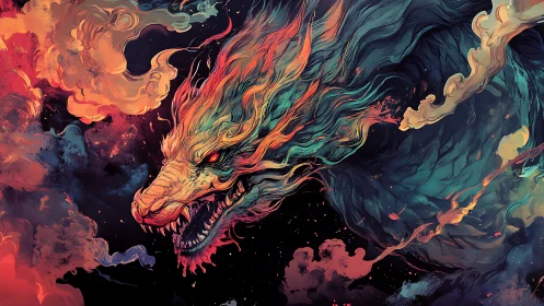 Fiery multicolored dragon head amid swirling smoke forms.