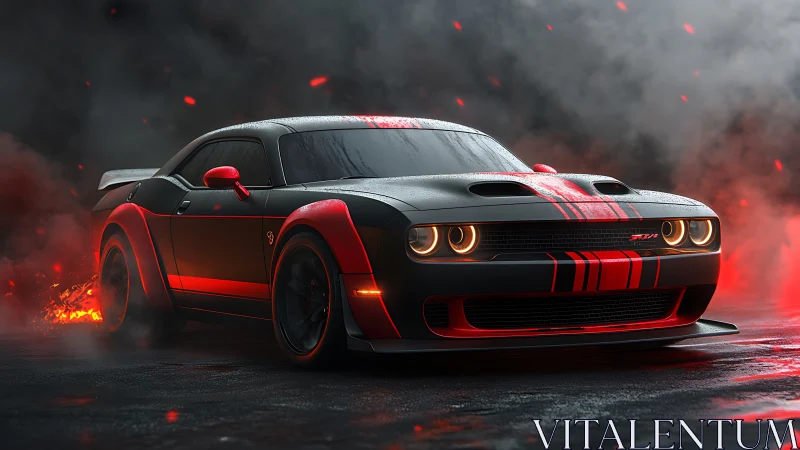 Muscle car in inferno-lit smoke with red racing stripes.
