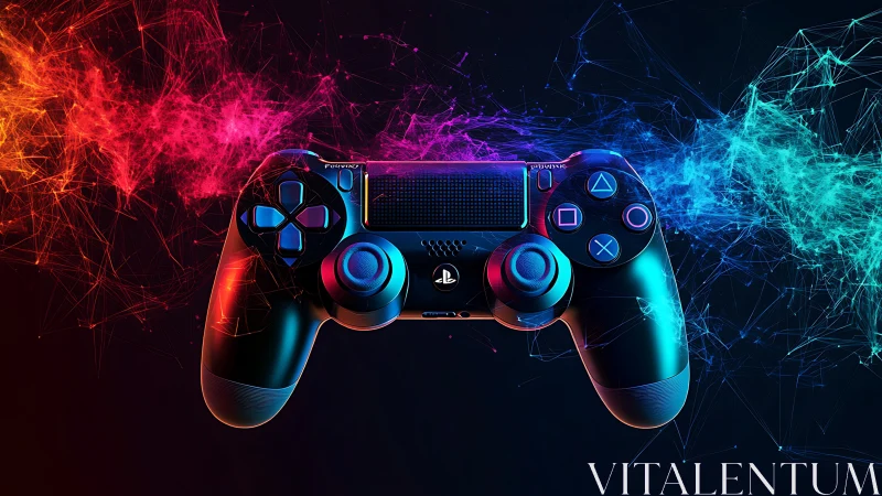 PlayStation-style game controller centered with neon data streams