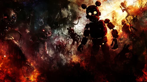 Clockwork nightmare marches through smoldering playgrounds