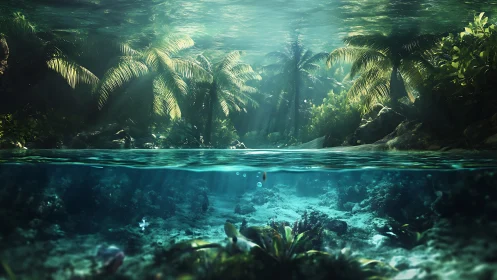 Split-level aquatic scene with tropical vegetation and coral formations.