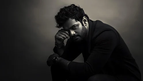 Moody monochrome male portrait with dramatic side lighting.