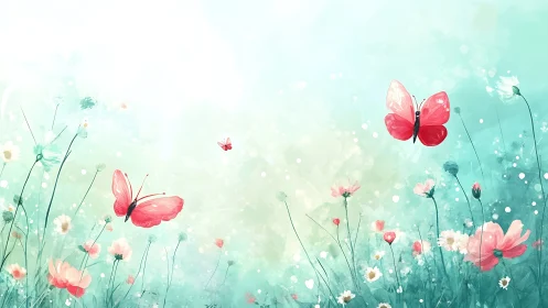 Red butterflies move above stylized meadow flowers