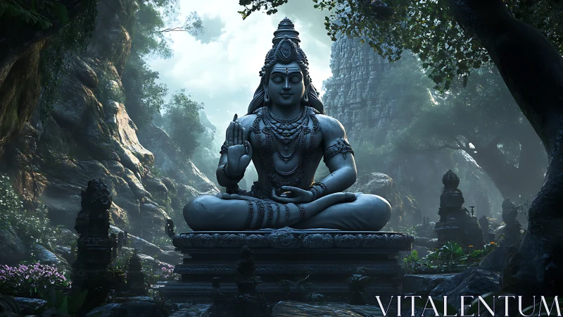 Large stone Shiva statue sits in forest temple courtyard